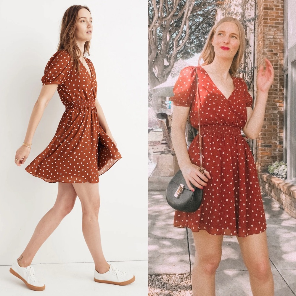 MADEWELL Terracotta Polka Dot‎ Puff Short Sleeve Button V-Neck Smocked Dress XXS